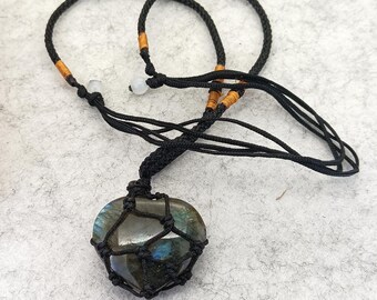 Natural Labradorite Pendant Carved Heart Cord Necklace adjustable 14-26 inches