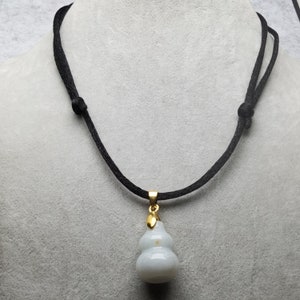 Natural Jadeite Pendant Carved Gourd Pendant Blessing with Chain Adjustable Necklace Length 16-28 inches