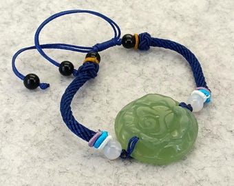Natural Light Green Jade Charm Flower Bracelet Handwoven Cord Bracelet Adjustable
