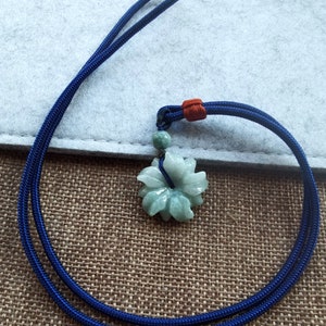 Natural Jadeite Pendant Carved Flower Pendant Blessing with Blue Cord Necklace Length 25 inches
