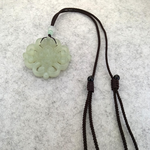 Light Green Jade Pendant Necklace Carved Chinese Knot with Brown Cord Necklace