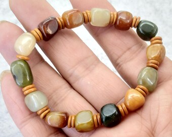 Multicolor Jade Bracelet Nephrite Jade Beads Elastic Bracelet