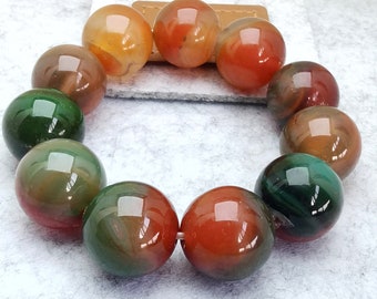Handmade Orange Green Agate Bracelet: Reiki Healing, 19.5mm Beads