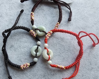 Burma Jade Ping An Buckle Bracelet: Handwoven Cord, Adjustable