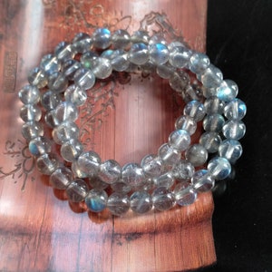 Genuine Natural Gray Rainbow Moonstone Beaded Bracelet 6mm Round Labradorite Double row 8&quot;