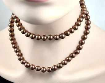 30" Dark Brown Seashell Pearl Choker Necklace: Knotted Round Pearl Jewelry