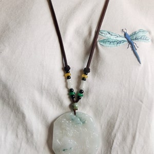 Natural Jadeite Pendant Carved Hill Bridge with a People Landscape Pendant Blessing with Brown Cord Necklace adjustable Length 14-26 inches