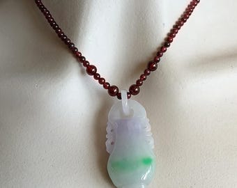 Green White Jade Pendant Necklace Carved Jade Bottle with Garnet Chain Cord Necklace