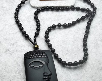 Carved Black Obsidian Buddha Pendant: Healing Crystal Necklace, Black Agate Chain
