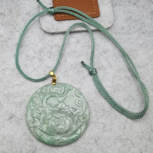 Natural Jadeite Pendant Carved Flower Pendant 花开富贵 with Chain Adjustable Necklace Length 16-28 inches
