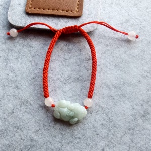 Natural Jadeite Carved Pixiu 貔貅 ,Handmade Brown/Red cord Bracelet 6 to 10 inches Adjustable,Natural Green Jade Pixiu Bracelet