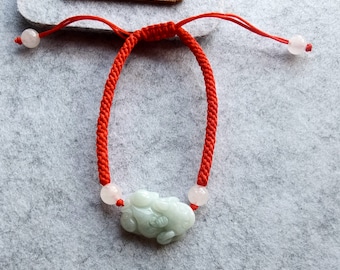Jadeite Pixiu Bracelet: Handmade Adjustable Cord, Good Luck Charm
