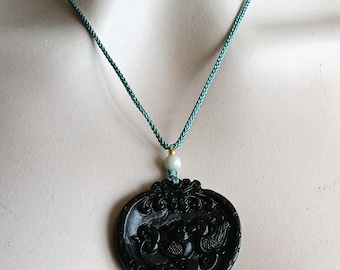 Natural Dark Jade Pendant Necklace Carved Mandarin Duck with Black Cord Jade Necklace