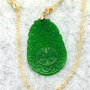 Candy Green Jade Hollowed Good luck and Happiness Jade Pendant Necklace with 925 Silver Plated Gold Chain and Hook Necklace