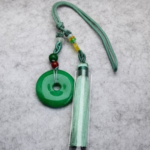 9”Malay Jade Pendant handmade Green Cord Jade Ping Buckle Amulet Key Chain Drifter Charms Bag Drifter Charms
