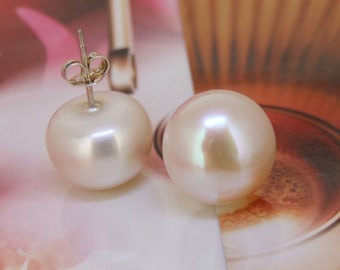 Charm Large Natural White Freshwater Pearl Earring Post 13mm handmade pearl earring stud Silver Post jewelry