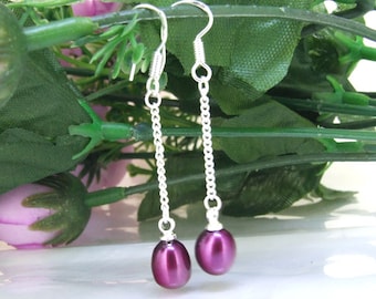 Purple Freshwater Pearl Dangle Earrings: 925 Silver Hook, Wedding Jewelry