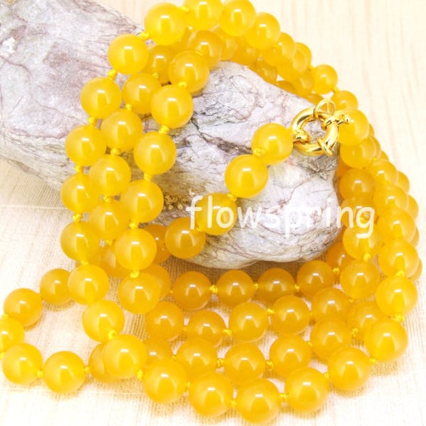 18"/35"/45"/55" 10mm Charm Yellow Jade Round Beads Knotted Lariat Necklace  Yellow Long Necklace