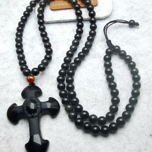 Black Obsidian Pendant Religious Culture Cross Obsidian Healing Crystal Pendant Necklace Black Agate beaded Chain Adjustable 24 to 28 Inches