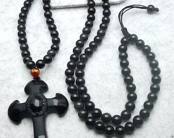 Black Obsidian Cross Pendant Necklace: Agate Beaded Chain, Adjustable