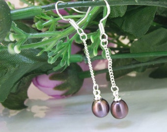 Black Freshwater Pearl Dangle Earrings: 925 Silver Hook, Luster Rice Pearl