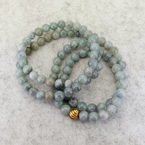 108 Beads Natural Jadeite Round Beads 7-7.5 mm Light Green and Gray Grade A Burma Jade Beaded Necklace