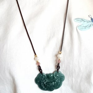 Natural Jadeite Pendant Carved Flower Longevity Lock 花开富贵 长命锁 With ...