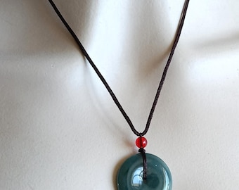 Natural Jadeite Pendant Necklace Carved Donut 平安扣 with Brown Cord adjustable Jade Necklace