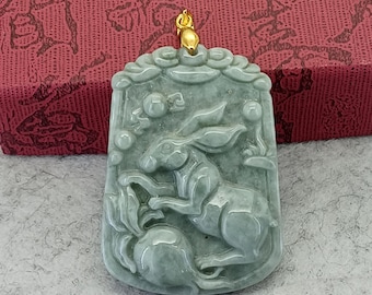 Natural Jadeite Pendant Rabbit with Radish Jadeite Amulet Cord Necklace Easter Bunny Pendant