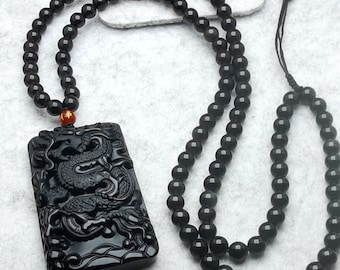 Carved Dragon Black Obsidian Pendant Necklace - Adjustable Beaded Chain