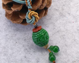 Natural Jade Pendant Carved Palindrome beads with Blue cord necklace adjustable