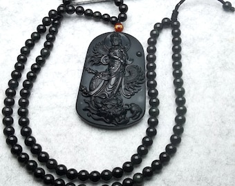 Carved Black Obsidian Guanyin Dragon Pendant: Healing Crystal Agate Necklace