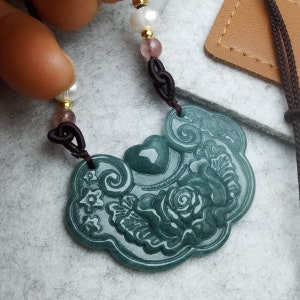 Natural Jadeite Pendant Carved Flower Longevity Lock 花开富贵 长命锁 With ...