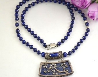 Lapis Lazuli Choker Necklace: 925 Silver Flower Pendant, Knotted Gemstone