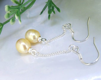 Gold Luster Pearl Dangle Earrings: 925 Silver Hook, Freshwater Pearl