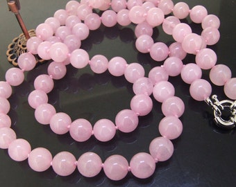 Collar largo anudado a mano con cuentas de jade rosa de 12 mm