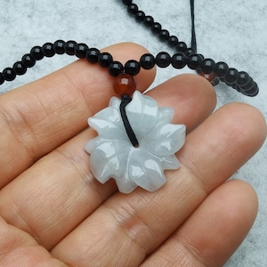 Natural Jadeite Pendant Carved Flower Pendant Blessing with Chain Adjustable Necklace Length 16-28 inches