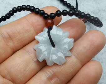 Natural Jadeite Pendant Carved Flower Pendant Blessing with Chain Adjustable Necklace Length 16-28 inches