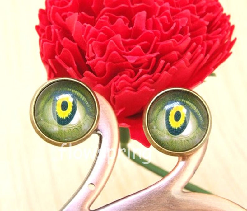 10mm 12mm Green Dragon Eye Stud Earrings, Antique Brass Setting Charm Eyeball Jewelry,Earrings Stud Ear Post Bridal Party Love Gift Yellow