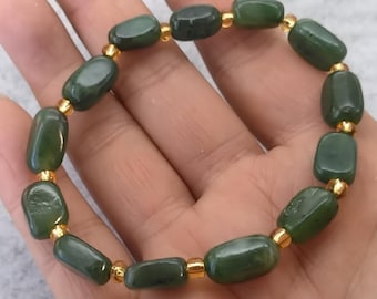 Green Jade Bracelet Nephrite Jade Beads Elastic Bracelet