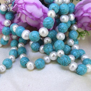 43&quot; Knotted Turquoise & Freshwater Pearl Lariat Necklace