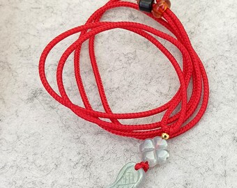 Natural Moon Stone Pendant Clover and Wing Cord Necklace adjustable 14-26 inches