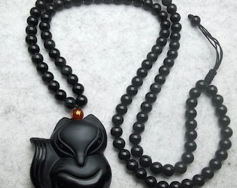 Colgante de obsidiana negra, collar con colgante de cristal curativo de obsidiana de zorro tallado, cadena de cuentas de ágata negra ajustable de 24 a 28 pulgadas