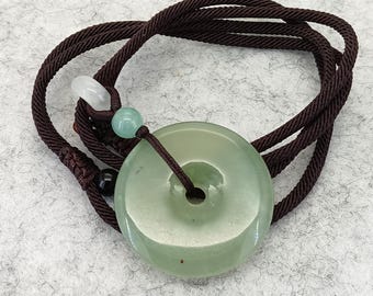 Natural Xiuyan Jade Donut Pendant Necklace: Adjustable Cord Amulet
