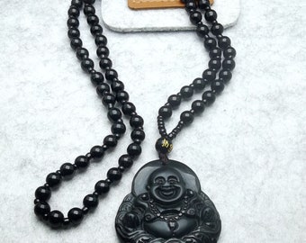 Carved Black Obsidian Laughing Buddha Pendant: Agate Beaded Necklace