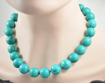 Knotted Turquoise Bead Choker Necklace: 16mm Round Charm, 18 Inch