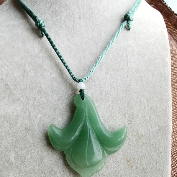 16”to 29” Green Jade Magnolia shape Pendant handmade Green Cord Necklace Jade Peach Amulet Adjustable Necklace