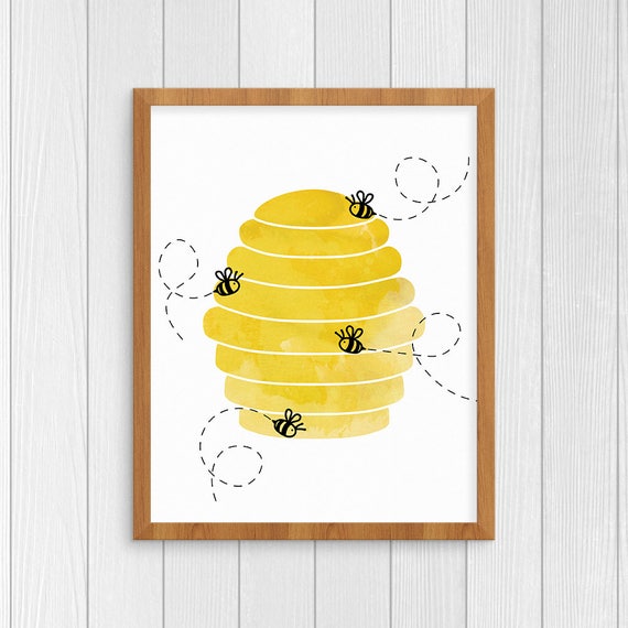 Bee Hive 8x10 Digital Art Print, Honey bees buzzing art, PDF & JPG printable files ready for instant download, Watercolor nursery Wall Art Il_570xn