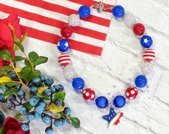 Stars & Stripes Chunky Bead Necklace, Girls Necklace, Kids Bubblegum Necklace, Toddler Necklace, July 4th Necklace