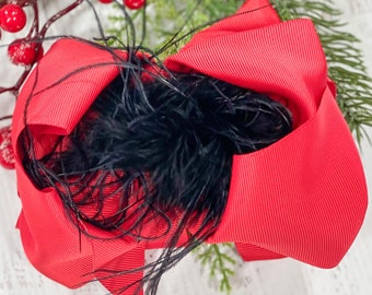 Texas Size Red & Black Feather Puff Hair Bow, Red Black Bow, Marabou Bow, Girls Hair Bow, Red Hair Bows, Christmas Hair Bows, Holiday Bow